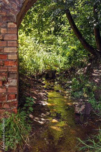 Old stone arch and the river in the forest