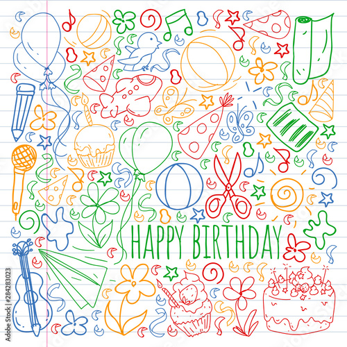 Vector set of cute creative illustration templates with birthday theme design. Hand Drawn for holiday, party invitations. Drawing on exercise notebook in colorful style.