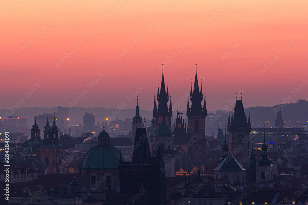 City of hundreds towers, Prague. Early morning before sunrise in this very popular tourist destination. Amazing contrast of new and old architecture.