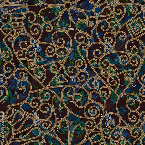 Night garden behind a golden wrought iron grille. Endless ornament. Print for fabric, wallpaper, wrapping design.