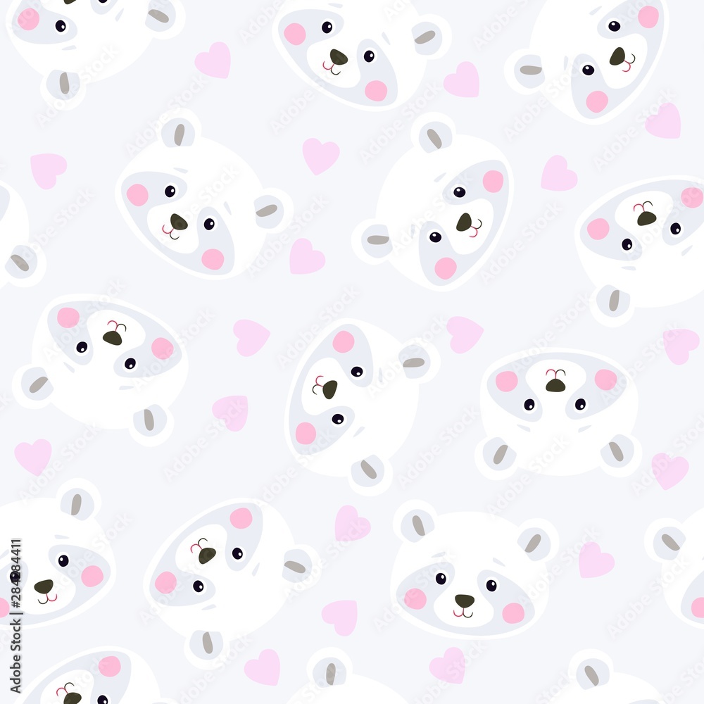 Seamless pattern with cute polar bears  and hearts. Illustration for kids.
