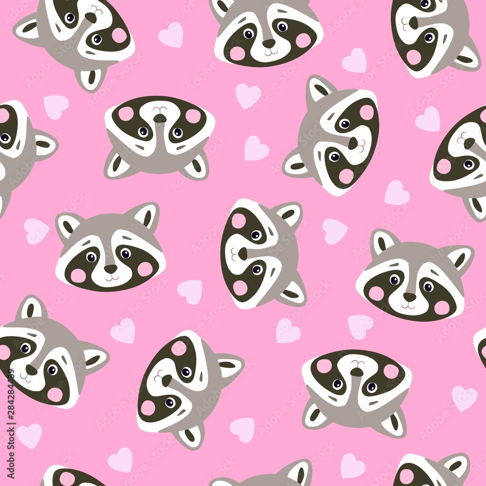 Cute seamless pattern with raccoons on pink background. Print for babies pajamas. Cute seamless pattern with raccoons on pink background. Print for babies pajamas.