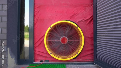 Air tightness test. Blower door test. Passive house certificate. Gimbal movement