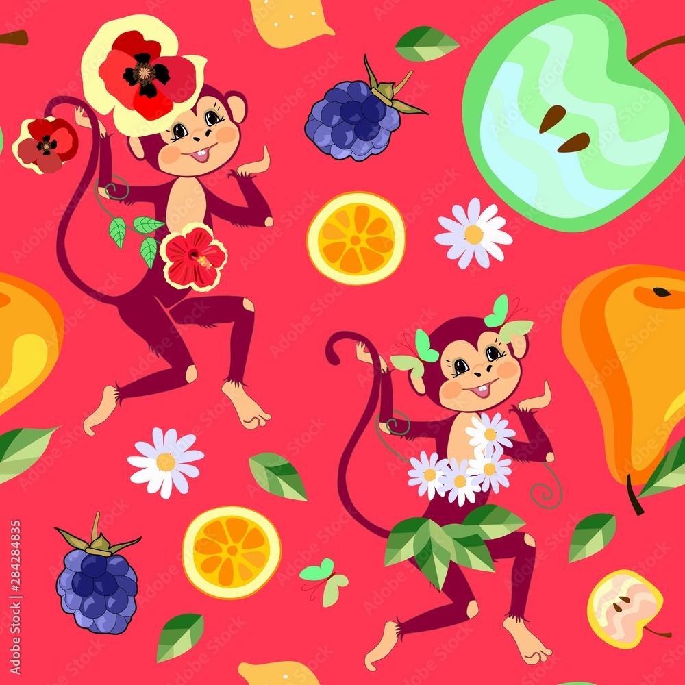 Fototapeta Funny monkeys with fruits and flowers. Bright seamless pattern for children. Print with tropical motifs.