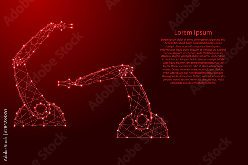 Hands of manipulators of the robot from futuristic polygonal red lines and glowing stars for banner, poster, greeting card. Vector illustration.