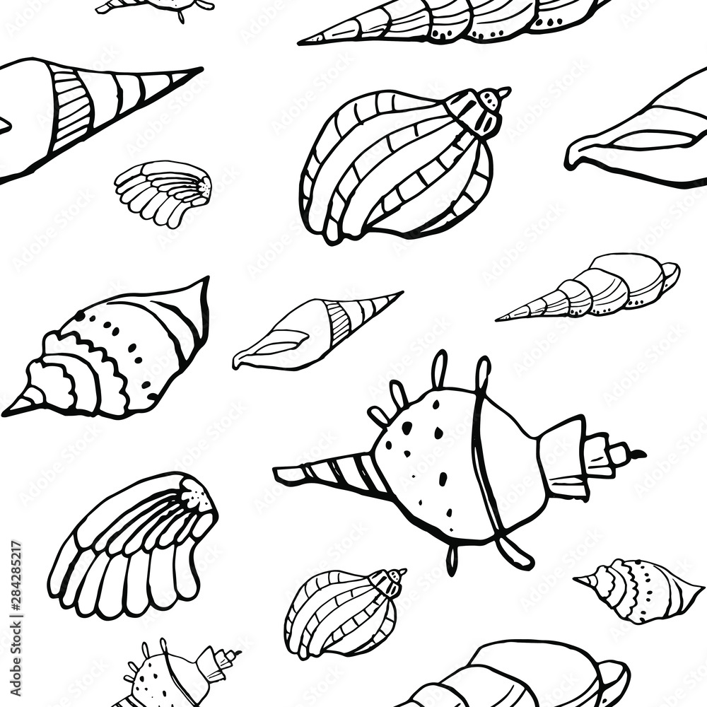 Collection of sea shell ink doodles on white backdrop. Seamless pattern. Endless texture. Can be used for printed materials. Underwater holiday background. Hand drawn design elements. Sea life print. Collection of sea shell ink doodles on white backdrop. Seamless pattern. Endless texture. Can be used for printed materials. Underwater holiday background. Hand drawn design elements. Sea life print.