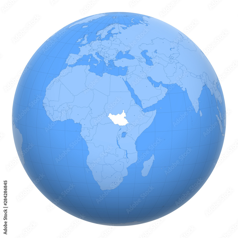 South Sudan on the globe. Earth centered at the location of the Republic of South Sudan. Map of South Sudan. Includes layer with capital cities.