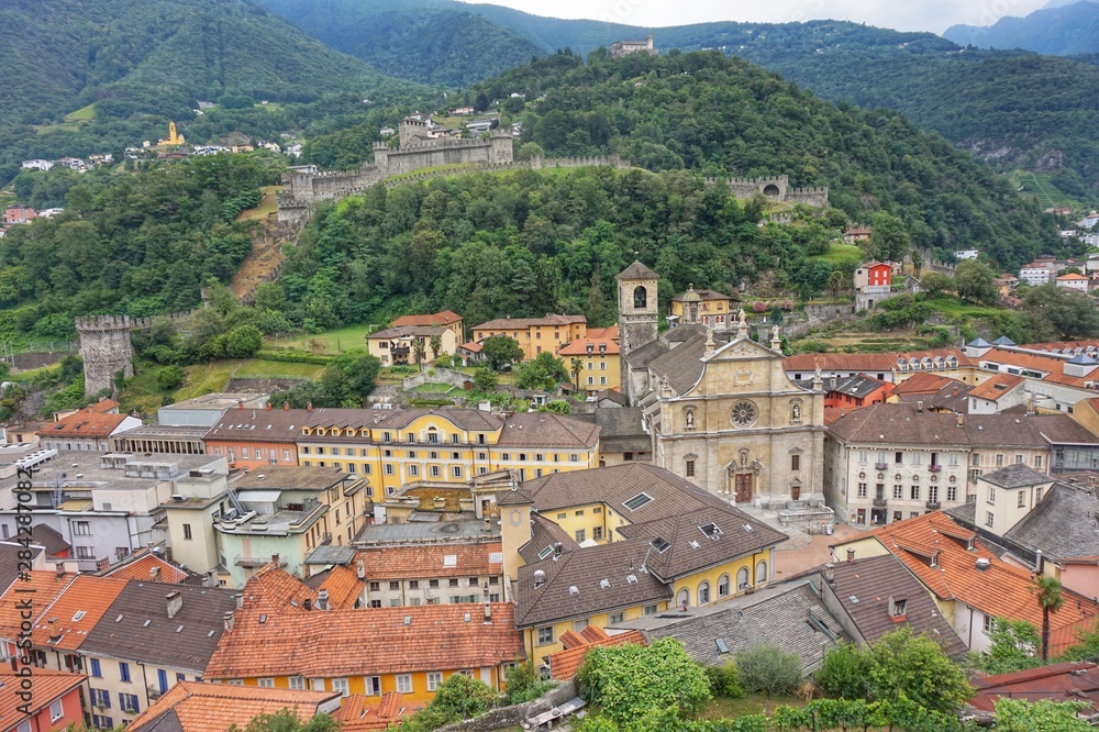 View of the town of Bellinzona from the castle wall of Castelgrande