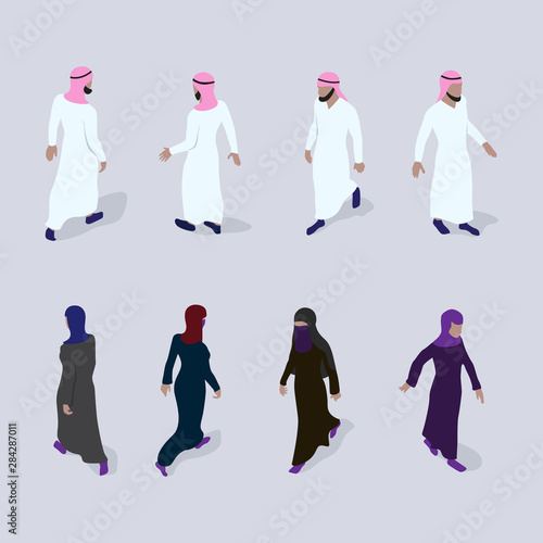 Isometric people set. Walking men and women in arab traditional clothes.