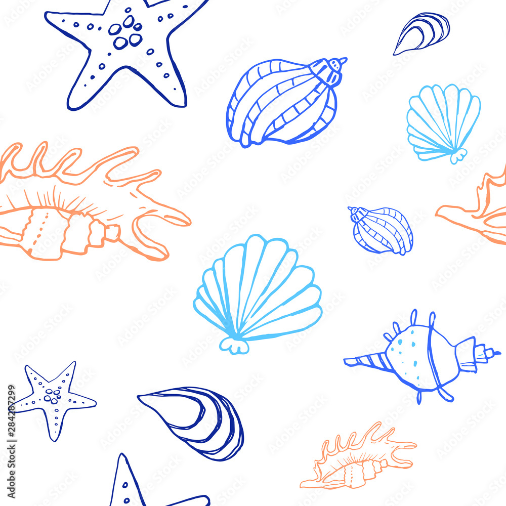 Collection of sea shell ink doodles on white backdrop. Seamless pattern. Endless texture. Can be used for printed materials. Underwater holiday background. Hand drawn design elements. Sea life print. Collection of sea shell ink doodles on white backdrop. Seamless pattern. Endless texture. Can be used for printed materials. Underwater holiday background. Hand drawn design elements. Sea life print.