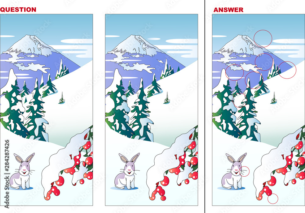 雪とうさぎの風景の間違い探しクイズ Stock Vector Adobe Stock 雪とうさぎの風景の間違い探しクイズ Stock Vector Adobe Stock