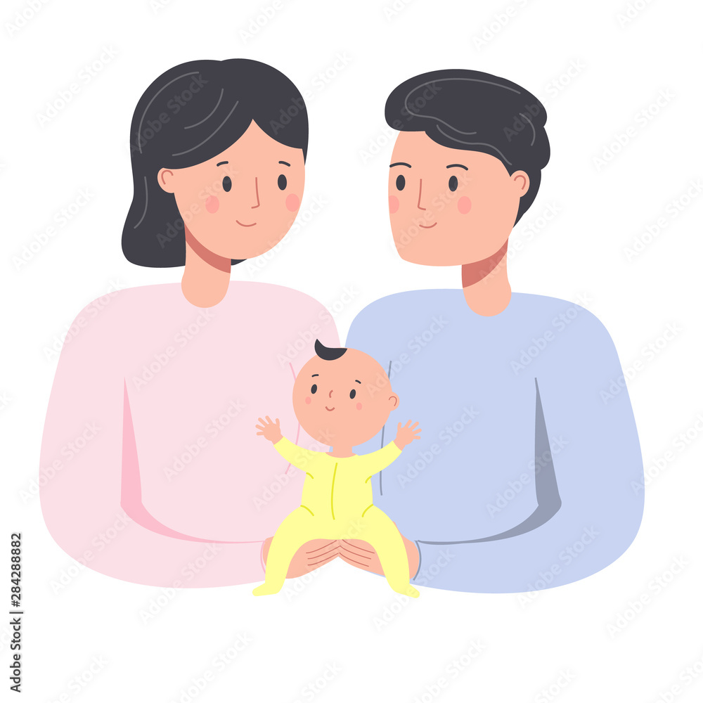 Happy family. Parents with baby. Man and woman nurse toddler. Young father and mother with newborn child. Happy family. Parents with baby. Man and woman nurse toddler. Young father and mother with newborn child.