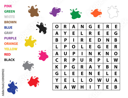 Word search for kids. Learn english vocabulary. Study colors. Educational crossword game for children. Worksheet for preschoolers.