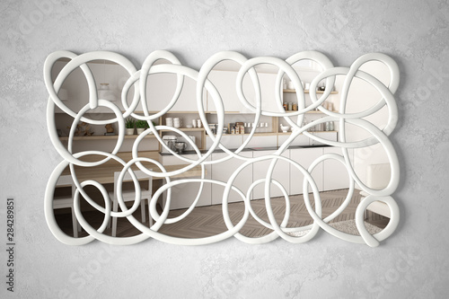 Modern twisted shape mirror hanging on the wall reflecting interior design scene, bright white and wooden kitchen, minimalist white architecture, architect designer concept idea