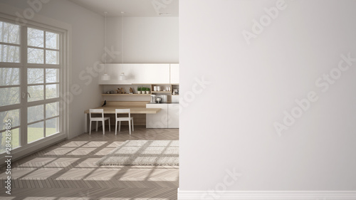 Modern white and wooden kitchen with island and stools on a foreground wall, interior design architecture idea, concept with copy space, blank background