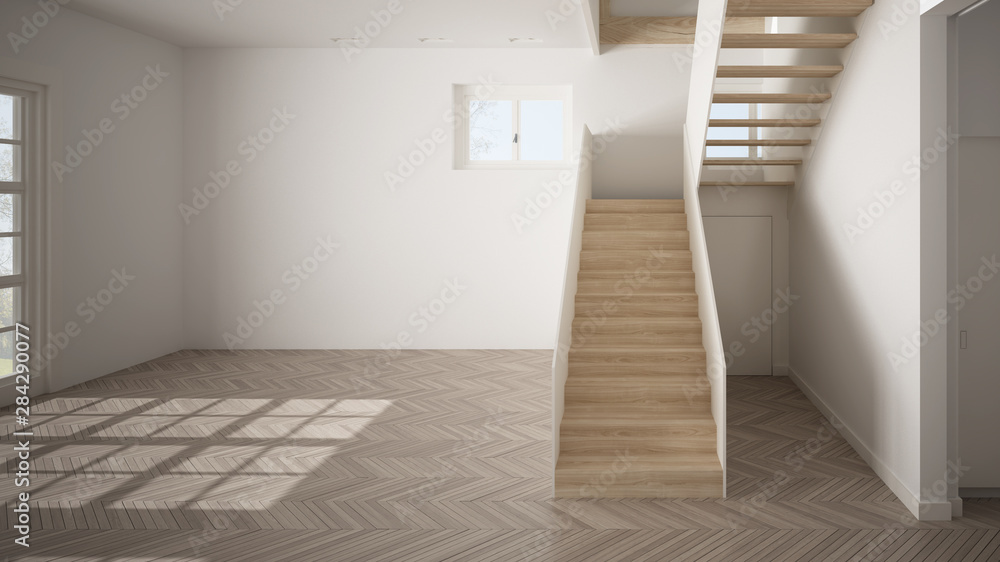 Obraz premium Empty room interior design, open space with white walls, modern style, parquet floor, wooden staircase, minimalist contemporary architecture, concept, mock-up, architecture idea