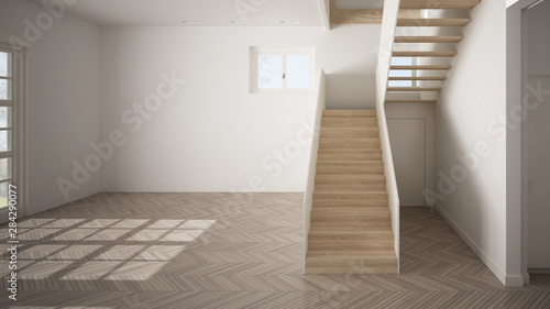 Empty room interior design, open space with white walls, modern style, parquet floor, wooden staircase, minimalist contemporary architecture, concept, mock-up, architecture idea