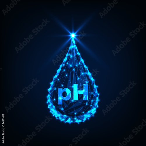Futuristic glowing low polygonal cosmetics drop with pH balance isolated on dark blue background.