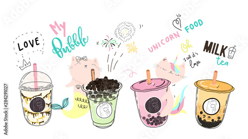Bubble tea cup design collection,Pearl milk tea , Yummy drinks, coffees and soft drinks with doodle style banner . - Vector