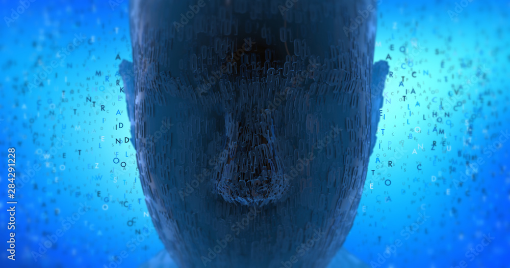 Fototapeta premium Abstract Bionic Robot Head With Symbols And Letters - Technology Related 3D Illustration Render Concept