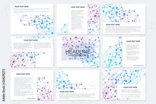 Big set of vector templates for presentation slides. Modern graphic background structure molecule and communication. Scientific pattern atom DNA. Medical, science, chemistry design.