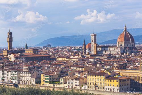Florence, Tuscany, Italy: Panoramic view of the old town with towering Cathedral of Santa Maria del Fiore and Giotto's bell tower