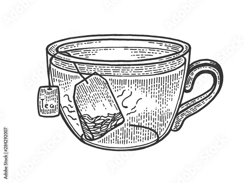 Cup of tea with tea bag sketch engraving vector illustration. Scratch board style imitation. Black and white hand drawn image.