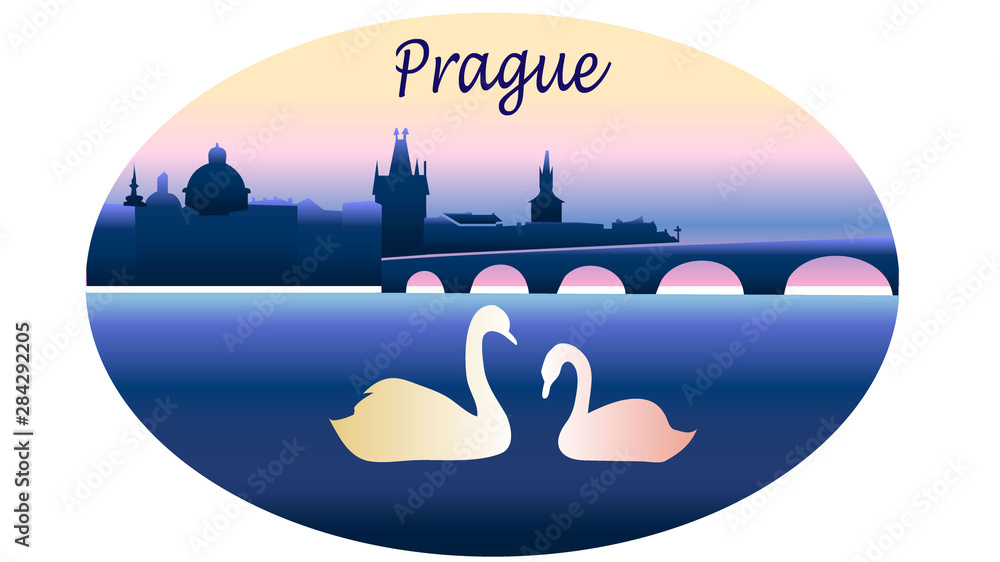Drawn city of Prague, Czech Republic. The bridge over the Vltava river. Swans in the water. Drawn city of Prague, Czech Republic. The bridge over the Vltava river. Swans in the water.