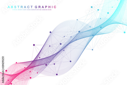 Scientific vector illustration genetic engineering and gene manipulation concept. DNA helix, DNA strand, molecule or atom, neurons. Abstract structure for Science or medical background. Wave flow