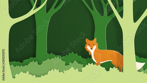 Paper art craft wild fox in the forest. Vector illustration in paper cut style. Design for wallpaper, backdrop, cover, template, poster, postcard, card.