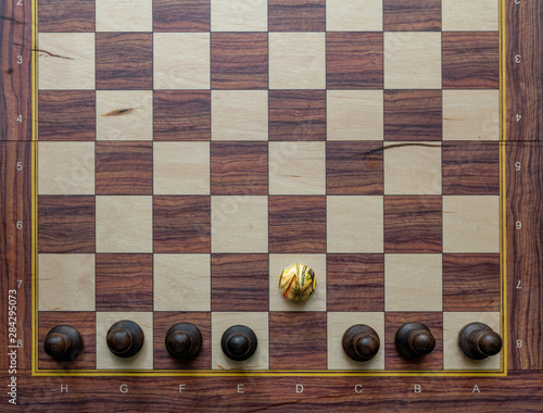 a unique chess pawn in color. leadership concept on a chessboard between other pieces. photo