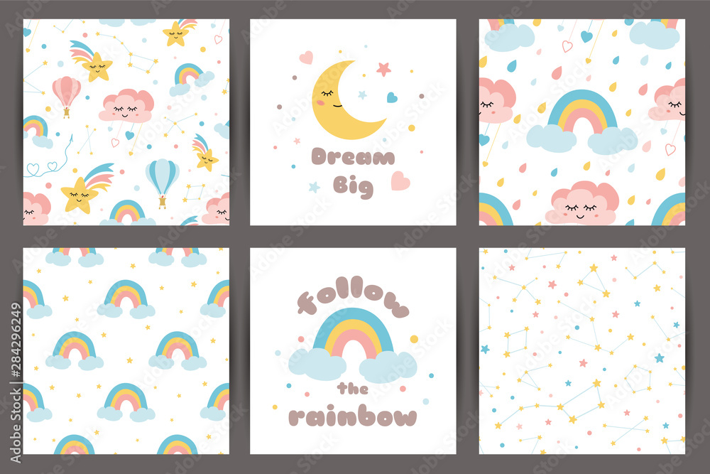 Cute kids backgroung set in cartoon style Dream big Rainbos smiling clouds stars pattern Cards quote vector Cute kids backgroung set in cartoon style Dream big Rainbos smiling clouds stars pattern Cards quote vector