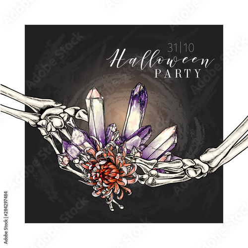 Halloween poster. Vector hand drawn human arm bones, crystal, flower. Mineral amethyst or quartz stone. Body parts, bones. Autumn chrysantemum. For greeting card, holiday celebration, flyer design.