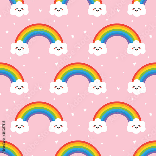 Cute and lovely pink vector cartoon seamless pattern background with couple of smiling cloud characters, rainbow and dots.