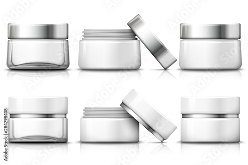 Vector set of 3d realistic jar for moisturizing cream. Transparent glass, plastic white, open jar. Mock-up for product package branding. On white background.