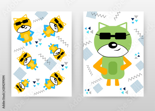 Minimalist green and orange, yellow cat with black sunglasses design for annual report, brochure, flyer, poster. Cats background vector illustration leaflet, poster. Business A4 brochure template. © zaurrahimov