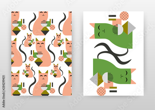 Cartoon green and pink cats seamless design for annual report, brochure, flyer, poster. Cats seamless on white background vector illustration for flyer, leaflet, poster. Abstract A4 brochure template.