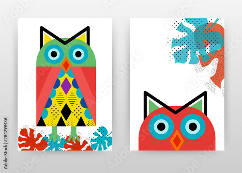 Cartoon colorful red and green colored owl design for annual report, brochure, flyer, poster. Colorful owl background vector illustration for flyer, leaflet, poster. Abstract A4 brochure template.