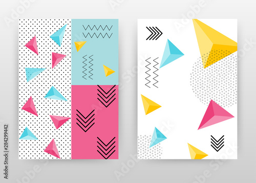 Colorful geometric pink, yellow, blue triangles design for annual report, brochure, flyer, poster. Dotted texture background vector illustration flyer, leaflet, poster. Abstract A4 brochure template.