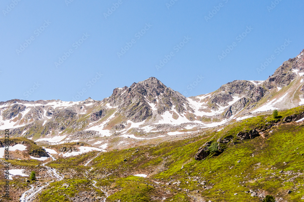 Flüela, Flüelatal, Flüelapass, Passstrasse, Alpen, Bergtal, Schneeschmelze, Engadin, Graubünden, Sommer, Schweiz