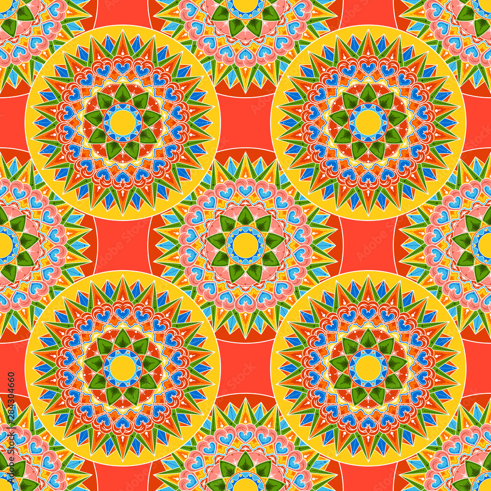Costa Rica pattern vector seamless. Decorated coffee carreta wheel background with traditional ornament. Tribal indian mandala print. Boho sun circle design.