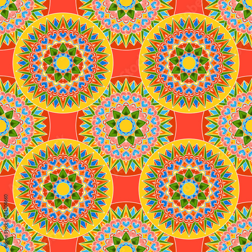 Costa Rica pattern vector seamless. Decorated coffee carreta wheel background with traditional ornament. Tribal indian mandala print. Boho sun circle design.