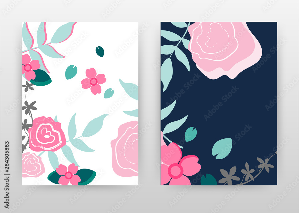 Obraz premium Pink flower petal green leaves design for annual report, brochure, flyer, poster. Flowers on white blue background vector illustration flyer, leaflet, poster. Business abstract A4 brochure template.