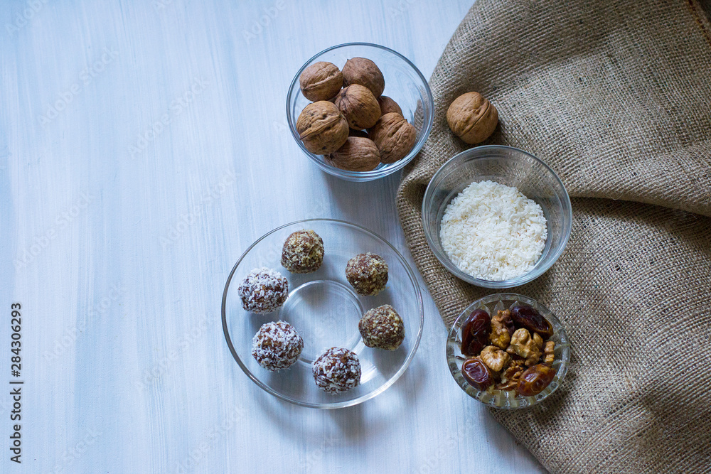 Natural healthy vegetarian sweets made from nuts, dates and coconut