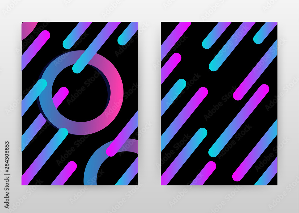Fototapeta premium Blue pink lines concept design of annual report, brochure, flyer, poster. Round lines on black background vector illustration for flyer, leaflet, poster. Business abstract A4 brochure template.
