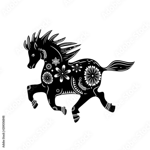 Chinese zodiac sign year of the horse. Black horse with white ornament. Zodiac animal
