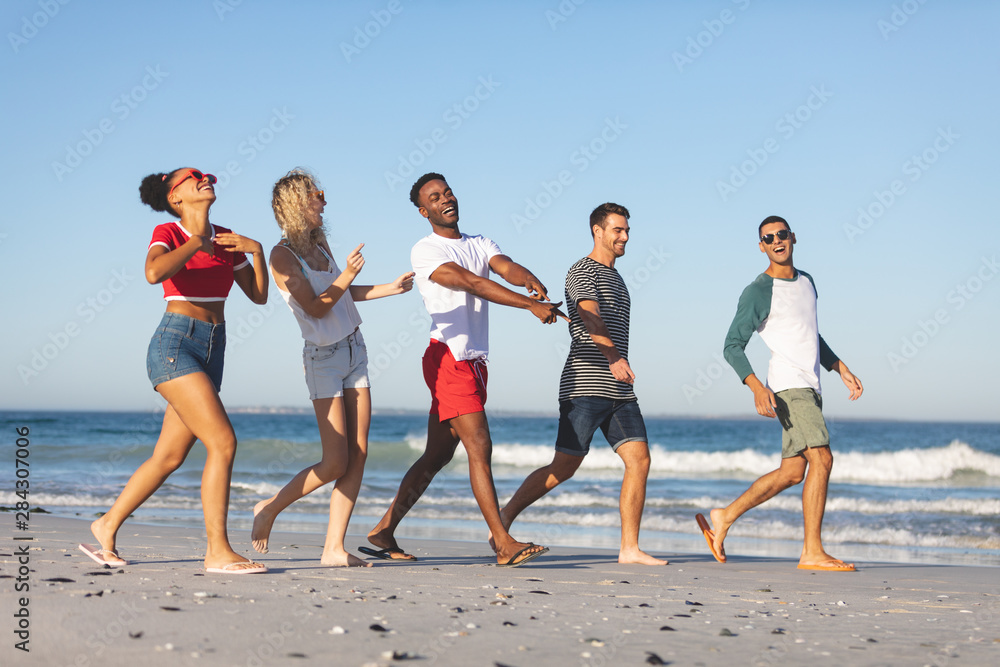 Obraz premium Group of friends walking together on the beach