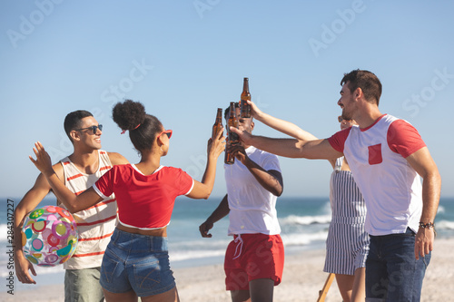 Group of friends toasting glasses of beer on the beach
