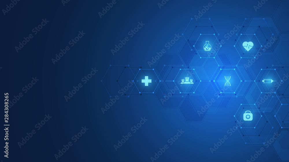 Healthcare and technology concept with flat icons and symbols. Template design for health care business, innovation medicine, science background, medical research. Vector illustration.