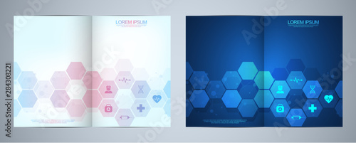 Template brochure or cover book, page layout, flyer design. Concept and idea for health care business, innovation medicine, pharmacy, technology. Medical background with flat icons and symbols.